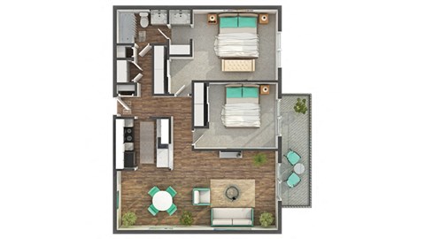 Floor plan for 2 beds, 1 bath, 872 sqft